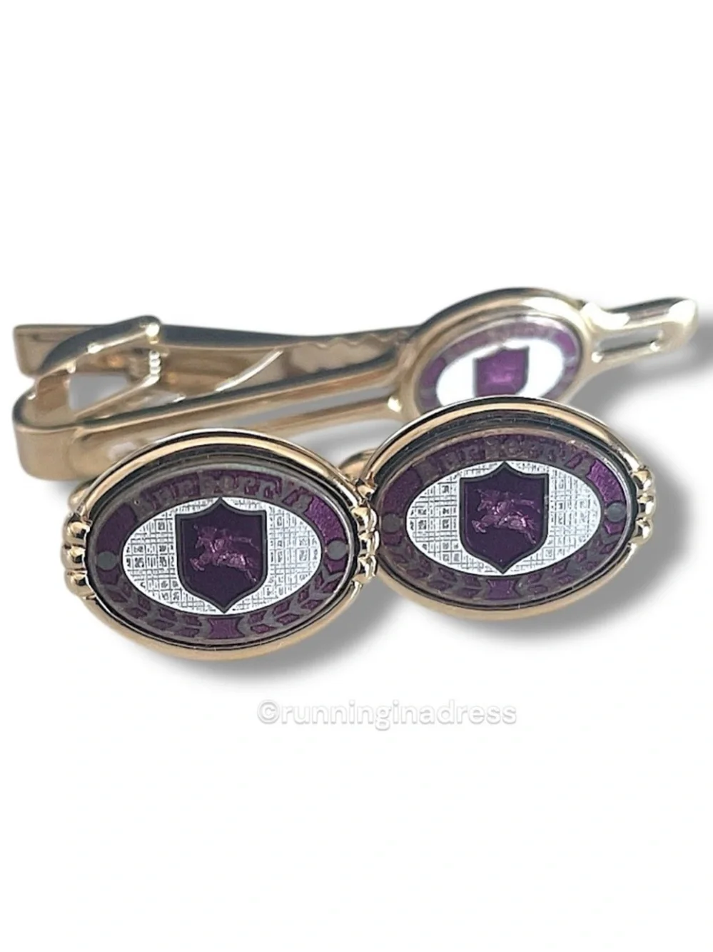 VTG Burberrys Gold Purple Nova Check Equestrian Knight Enamel Cufflink Bar Set